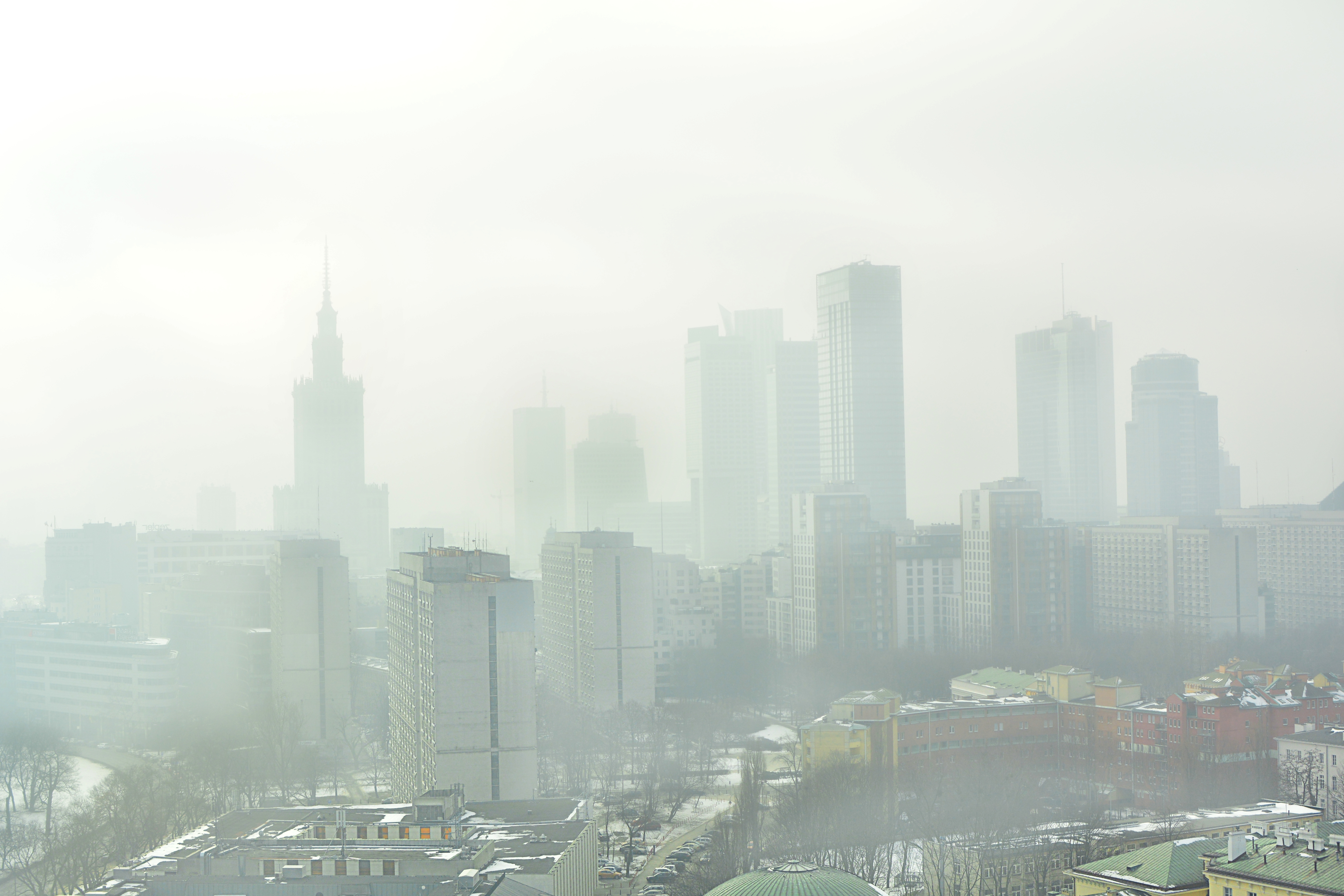 A city skyline with a few skyscrapers and many lower buildings is obscured by smog.