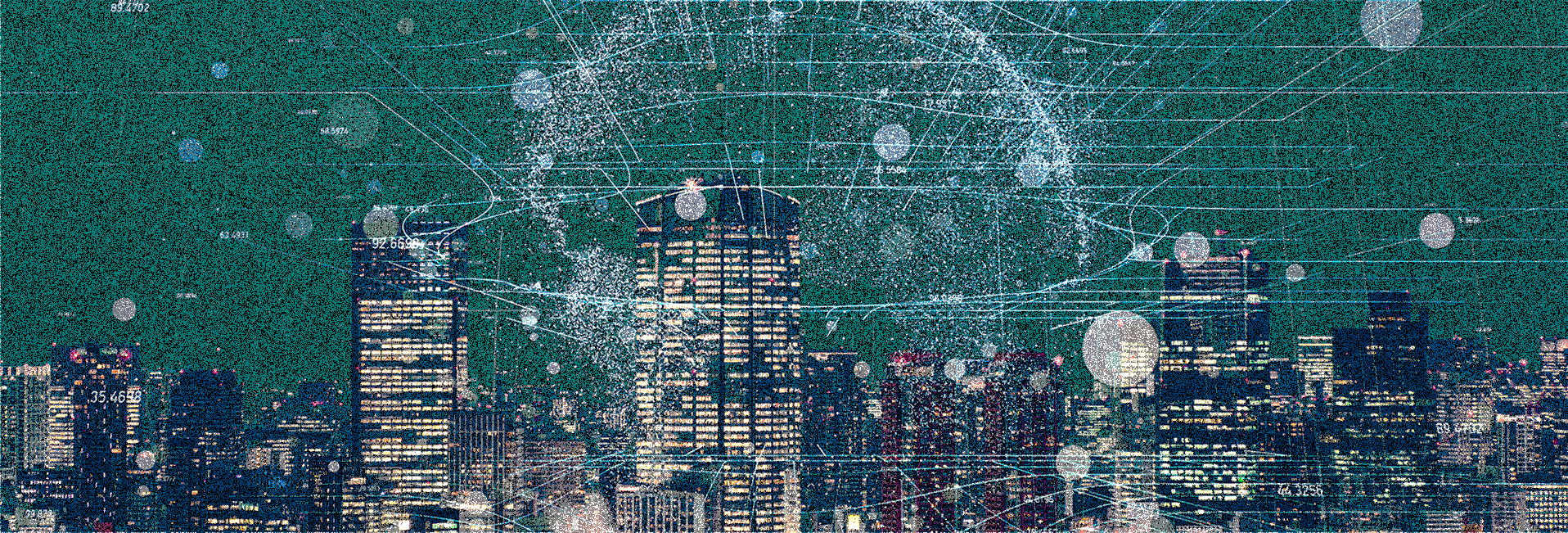 A city skyline is overlaid with digital static and numbers.