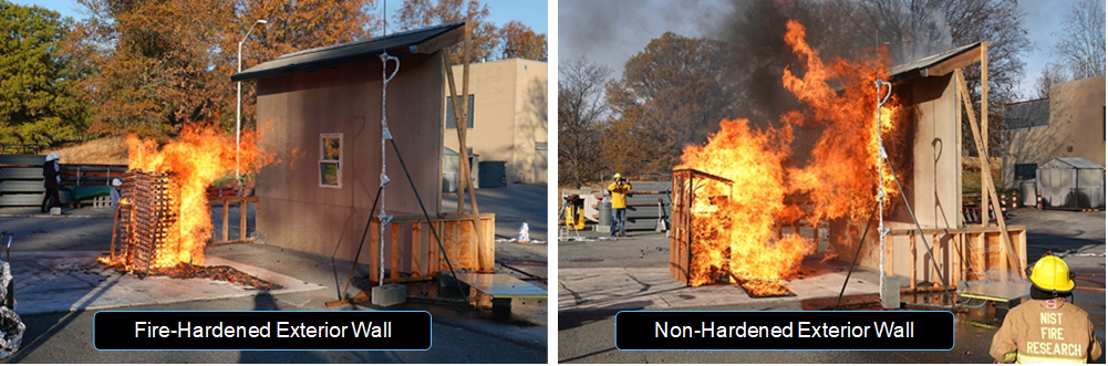 NIST experiment image comparing a fire-hardened and non-hardened structure exposed to a burning shed.