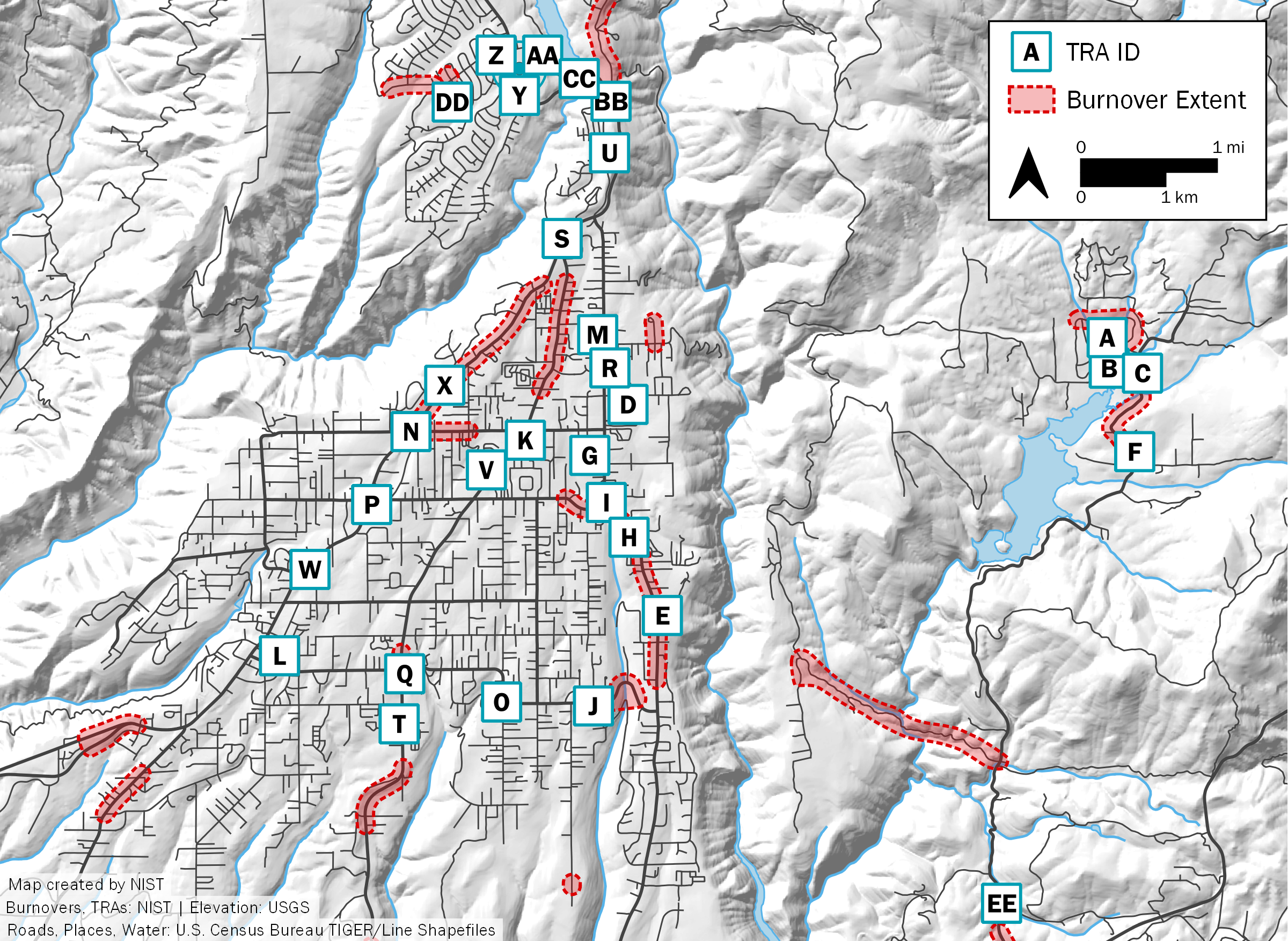 A topographical map of Paradise, California, is marked with letters and with a few red areas.
