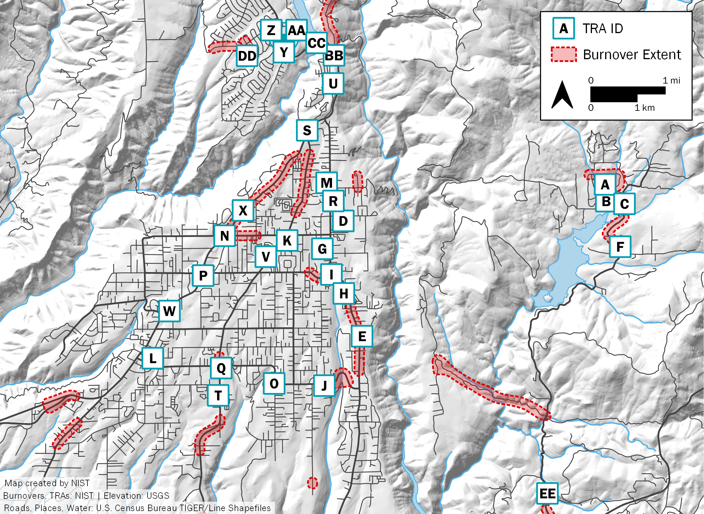 A topographical map of Paradise, California, is marked with letters and with a few red areas. 