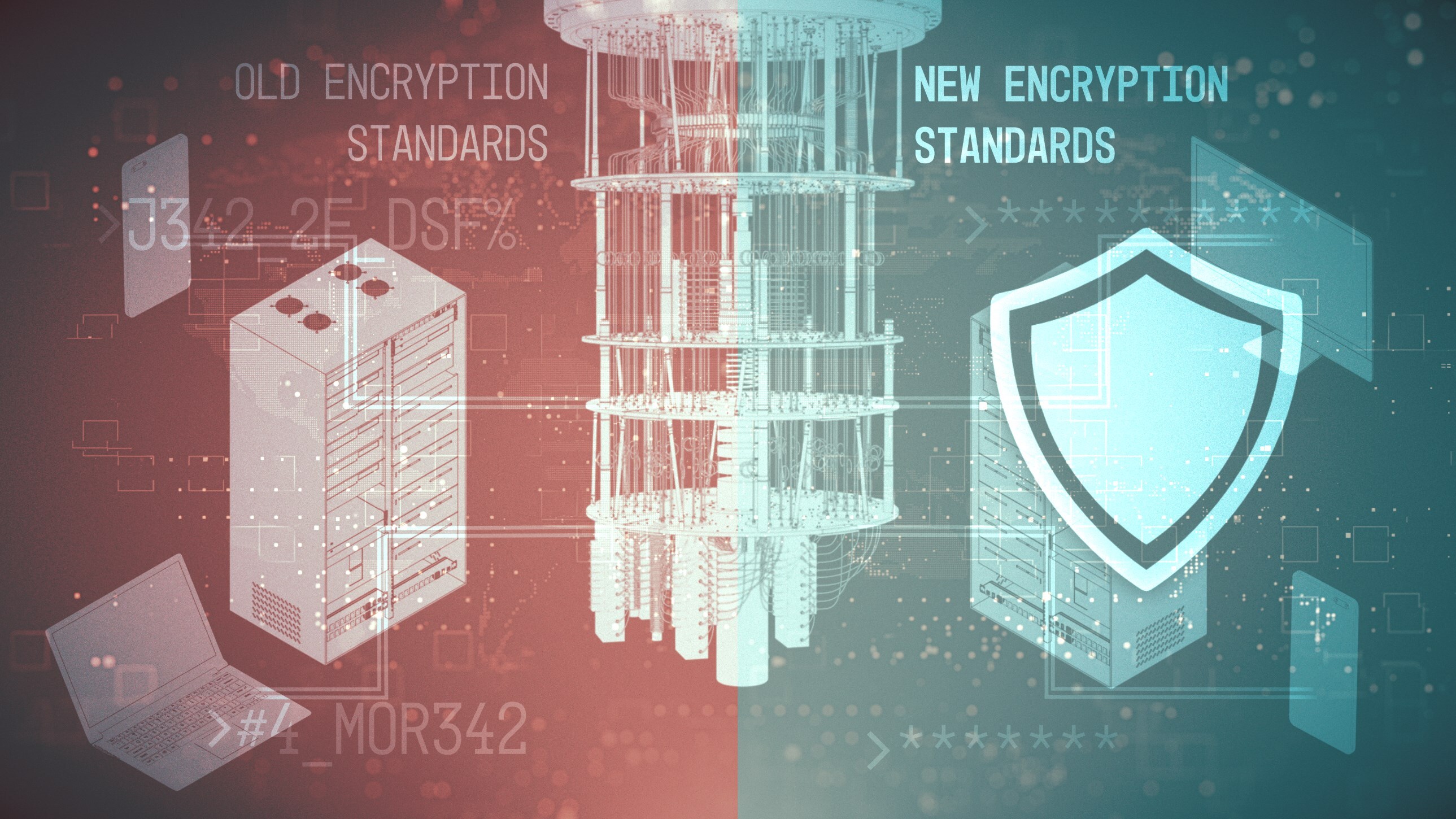 Collage illustration of servers, laptops and phones is divided into left "Old Encryption Standards" and right "New Encryption Standards."