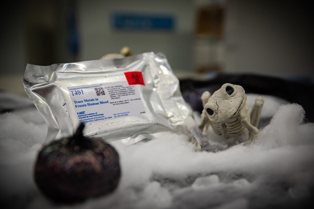 A metallic envelope with a NIST label is nestled alongside Halloween decorations like an animal skeleton and a sparkly pumpkin. 