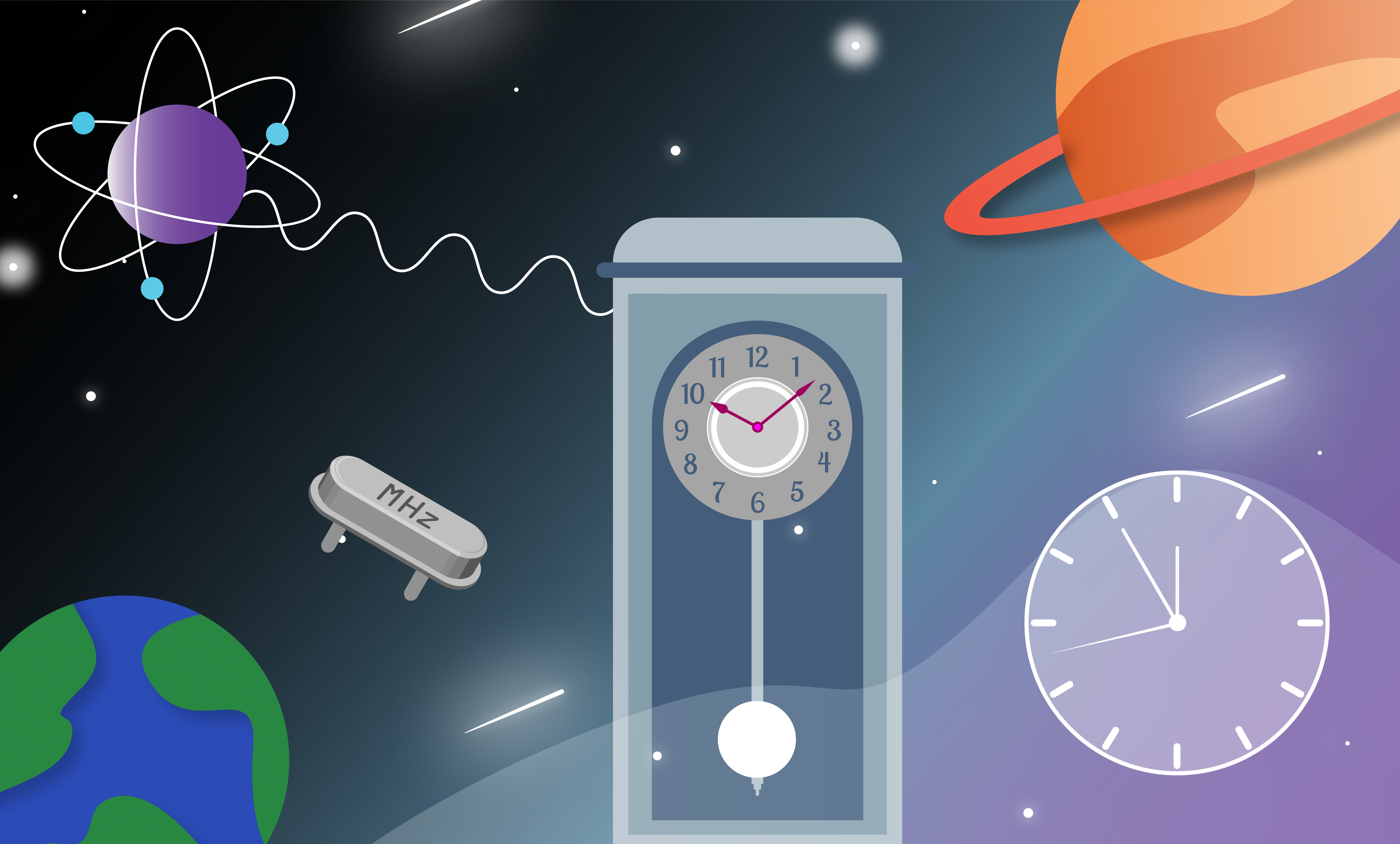 Illustration shows a grandfather clock floating in outer space surrounded by an atom, a planet, an electronic device. 