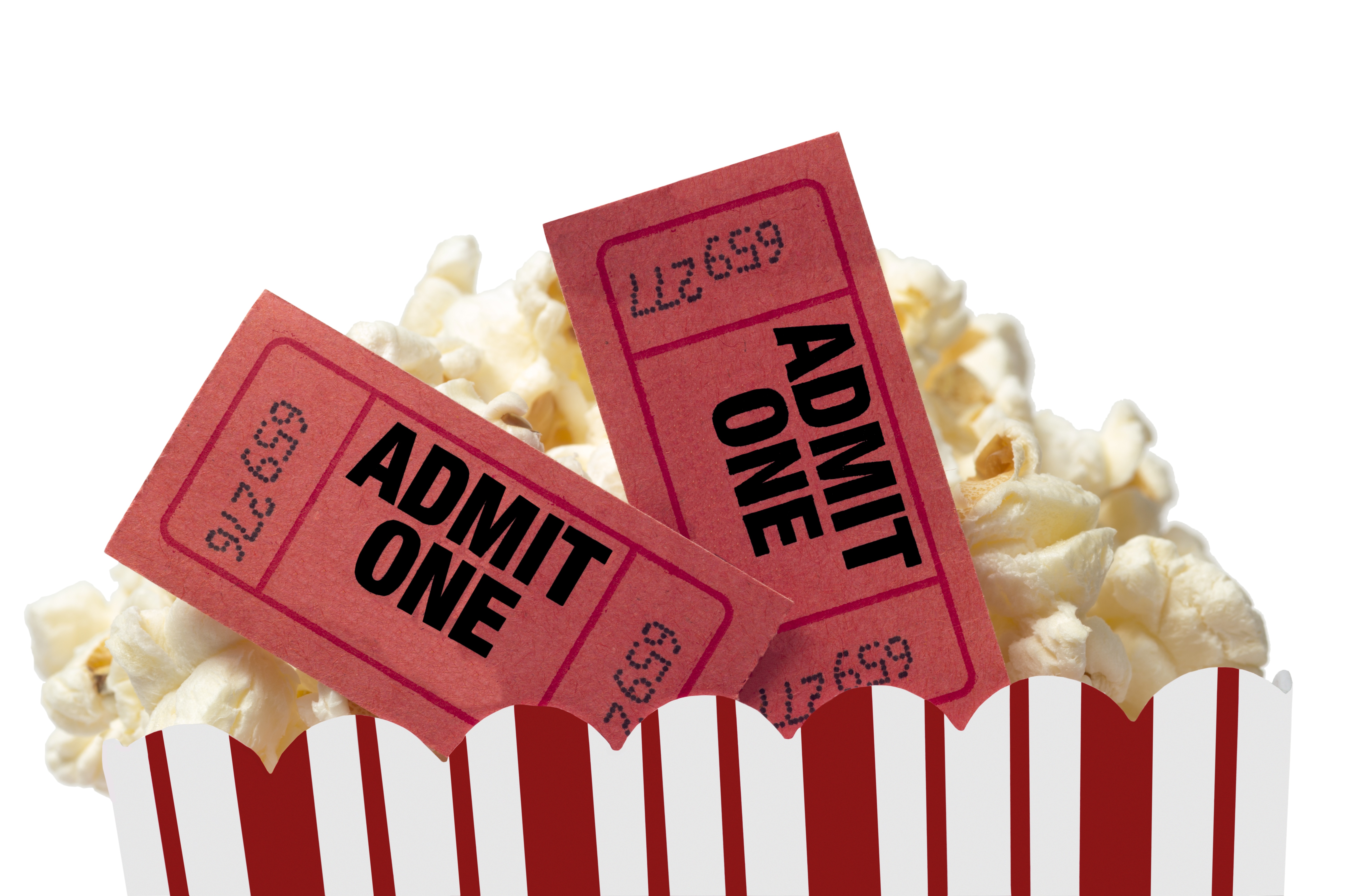 Two "Admit One" movie tickets are tucked into the top of a paper bucket of movie popcorn. 