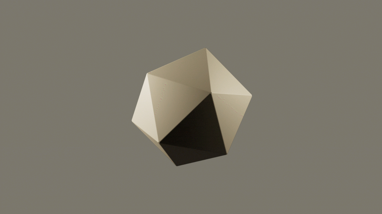 A short video showing a 20-sided shape rotating through different angles. The shape pauses three times to show three views of the shape. Each time the rotating shape pauses, a microscope image appears next to the shape showing a pattern of dots that matches the symmetry of the three views of the rotating shape.