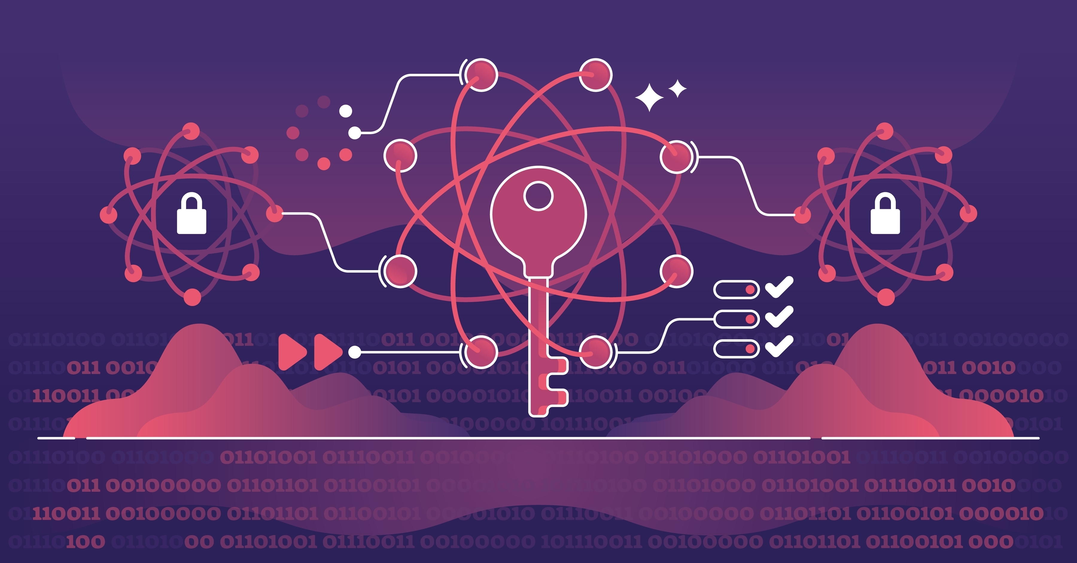 Illustration with icons including keys, atoms, padlocks and lines of computer code. 
