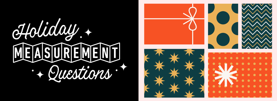Retro-styled header reads "Holiday Measurement Questions" and has changing images of wrapped gifts, Santa's sleigh, a menorah, etc. 