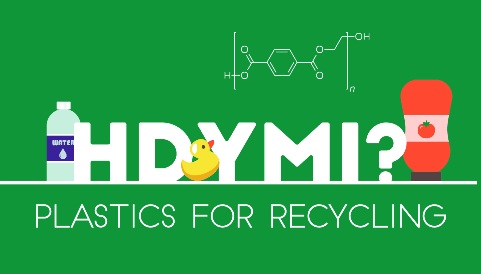 Animated header reads "HDYMI? Plastics for Recycling" with images of bottles, a trash bag and chemical formulas.