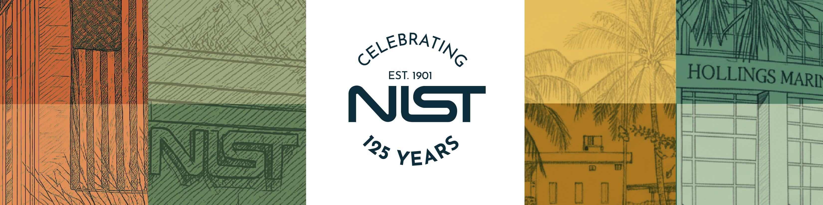 Color blocks with b&w sketches of NIST campuses. White bar in the middle. Reads  NIST Est. 1901 Celebrating 125 Years