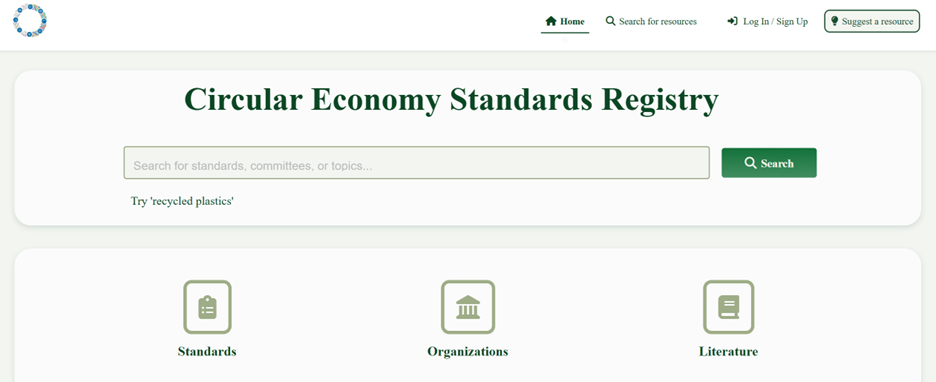 Screenshot of the Circular Economy Standards Registry home screen, showing the search bar and three icons for standards, organizations, and literature.