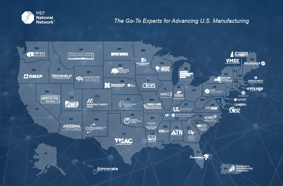 MEP National Network map showing MEP Centers and their logos
