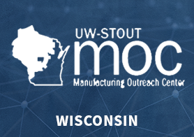 UW Stout white logo on a blue background