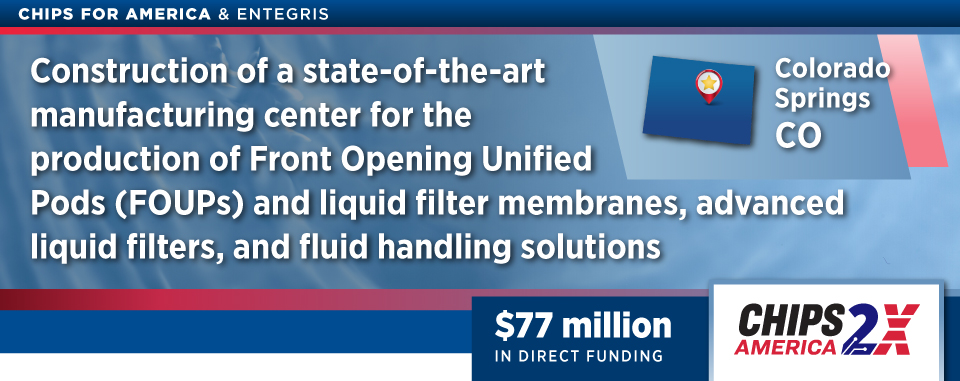 CHIPS for America award banner for Entegris Colorado Springs, Colorado location for 77 million in direct funding