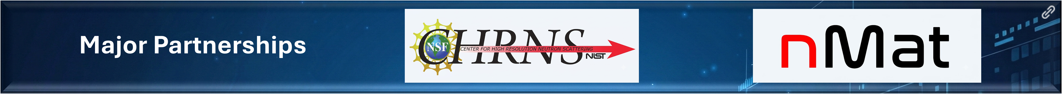 Major Partnerships featuring logos for CHRNS (Center for High Resolution Neutron Scattering) and nMat (Neutron-Based Materials Characterization) Consortium