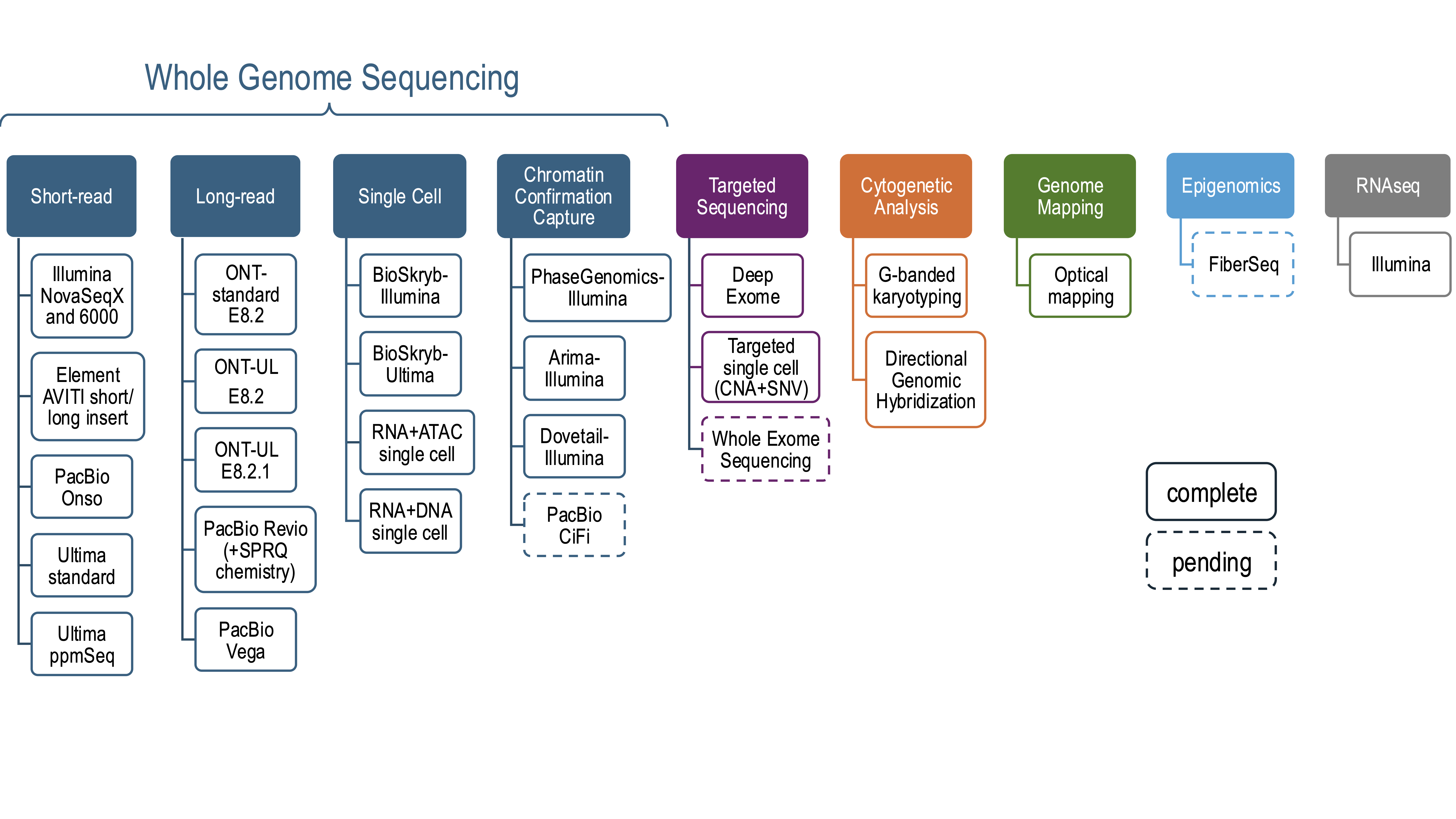 This figure shows the genome-scale measurement technologies being used to characterize the HG008 tumor and normal samples.  Measurements include short and long read sequencing, HiC, single cell sequencing, targeted sequencing, cytogenetic analyses and optical genome mapping.