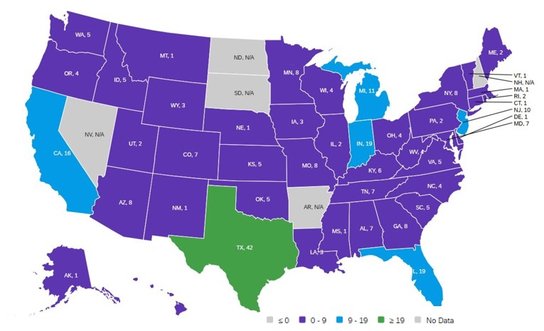 Map showing the number of OSAC Registry implementers per state