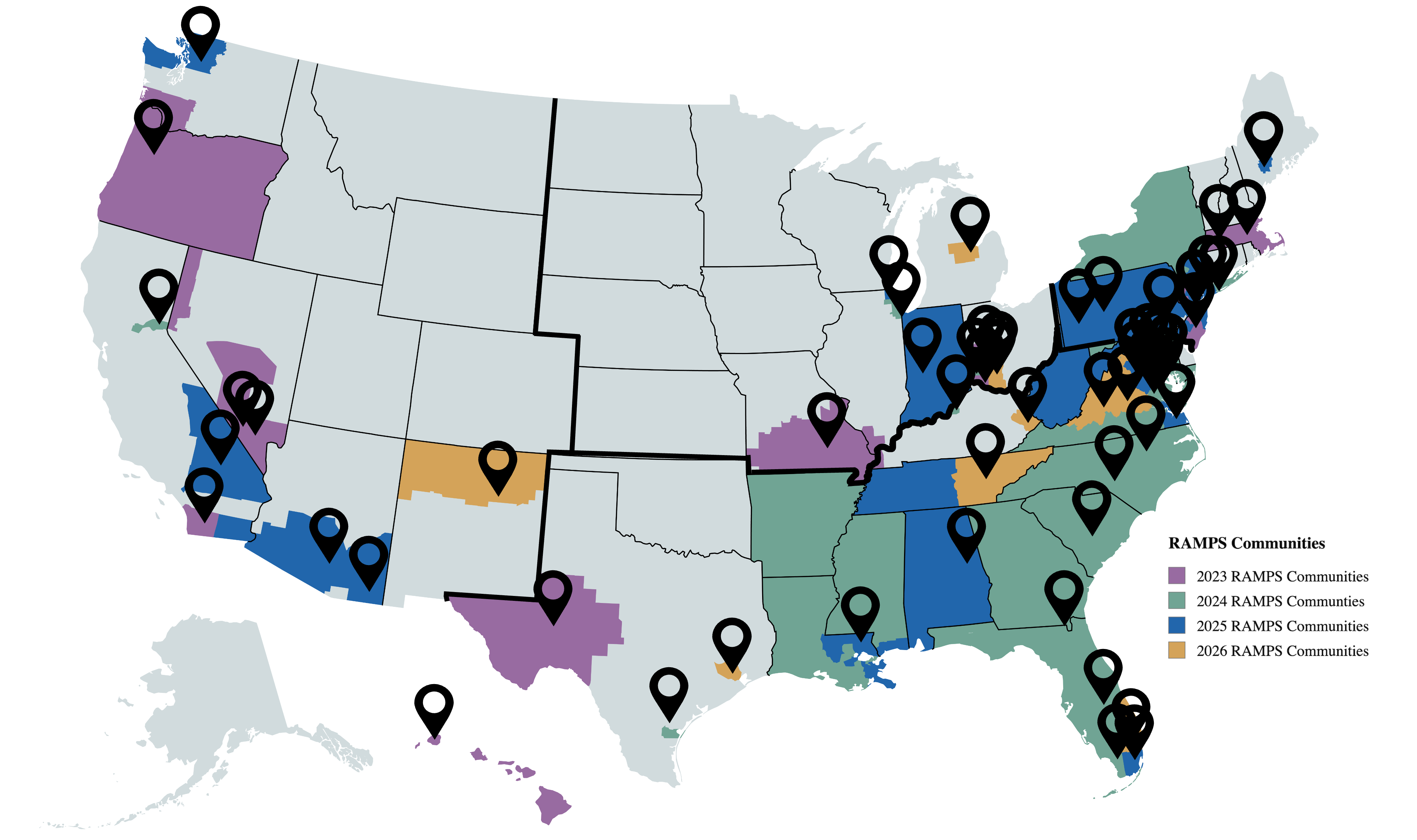 A map that shows the 2023-2026 RAMPS communities across the United States