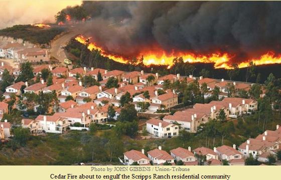 Vegetation-to-vegetation fire spread : Fire spreading within vegetative fuels approaches a community.