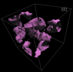 Cement Hydration Visualization: Isosurface of C3S phase at timestep 32.