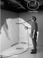 The NIST immersive visualization system. A single 3D scene is being displayed across the three screens. Note the tracker transmitter, a tracker sensor on the user's stereo glasses, and another sensor on a hand-held pointing device.