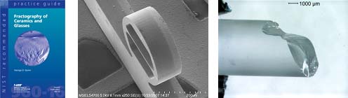Figure 1(left): Guide to Practice for Fractography; Figure 2 (center): Single crystal silicon theta strength test specimen; Figure 3 (right): Broken glass rod showing classic fractographic markings.