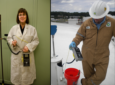 Technician Dawn Cross of NIST's Temperature and Humidity Group demonstrates platinum resistance thermometer approved for the petroleum industrys. At right: A petroleum industry worker deploys the same kind of device in a storage tank.