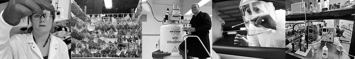 woman looking at vial; N95 masks hanging in a room; man on ladder; person in clean suit; scientific equipment