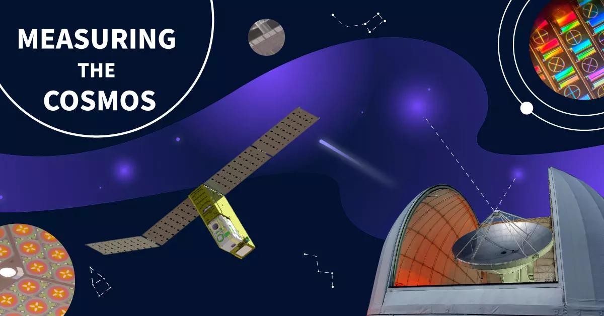 Banner image with floating telescope in space and large Purple wavy line in the middle.
