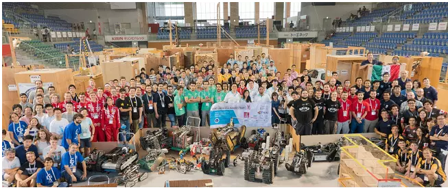 RoboCupRescue competitors in a large arena with obstacles and robots