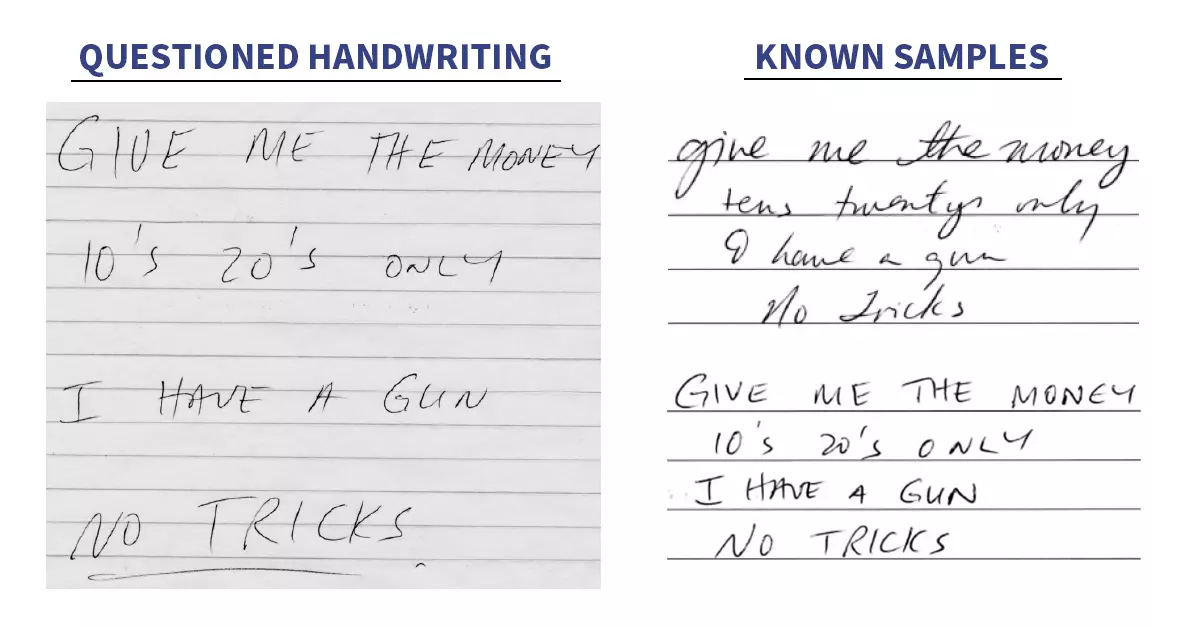Composite photo shows a holdup note on the left labeled "Questioned Handwriting," with two "Known Samples" on the right.