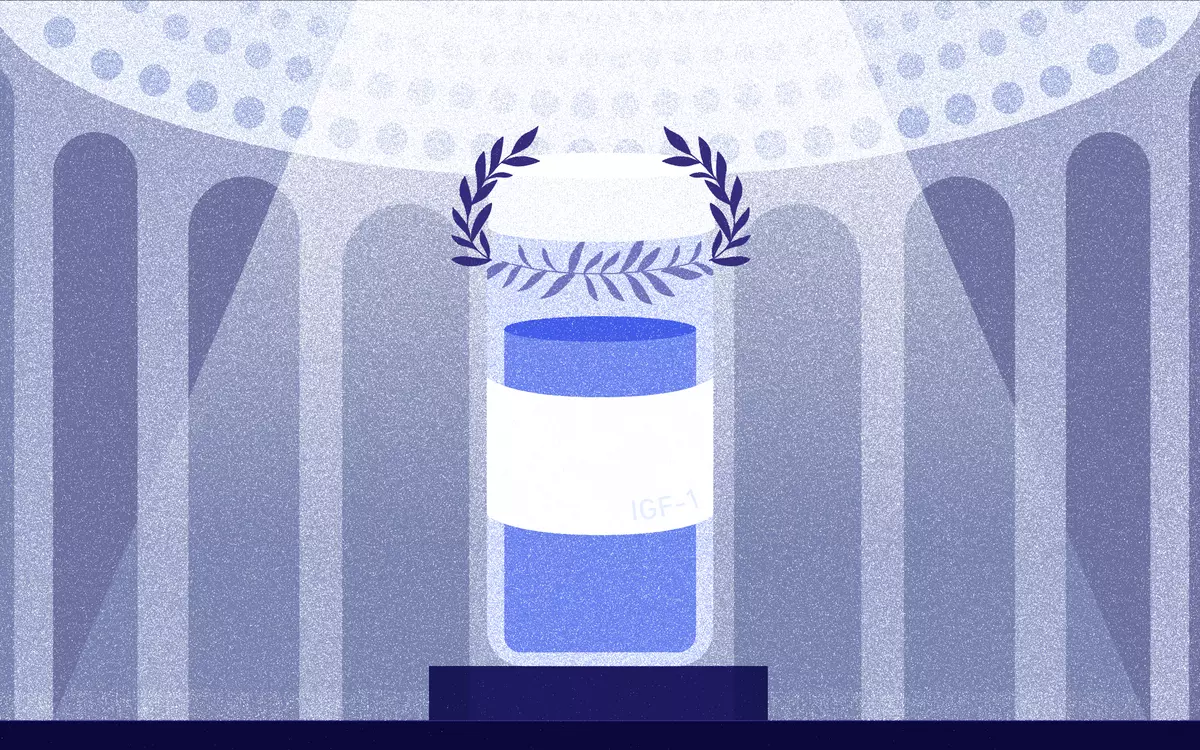 Illustration shows a winner's wreath suspended over a vial labeled IGF-1. 