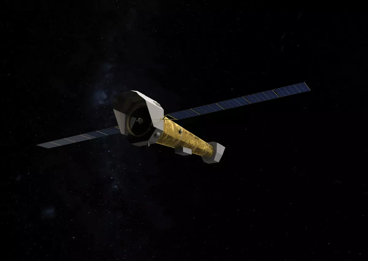 Concept art shows cylindrical satellite floating in black space. 