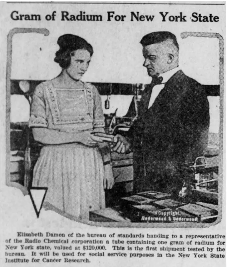 Historical newspaper article shows photo of Elizabeth Damon with unnamed man and headline "Gram of Radium For New York State."