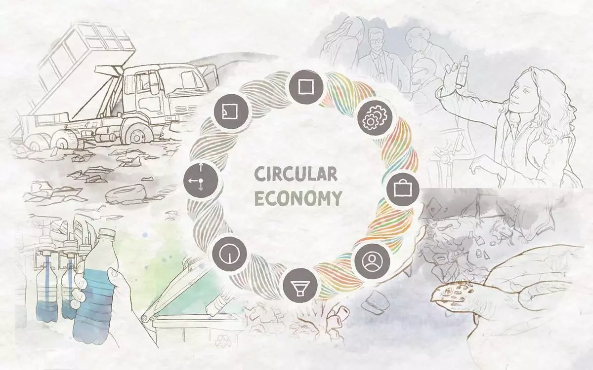 Circular economy illustration has a circle with images of a dump, a scientist, a sea turtle, a water bottle. 