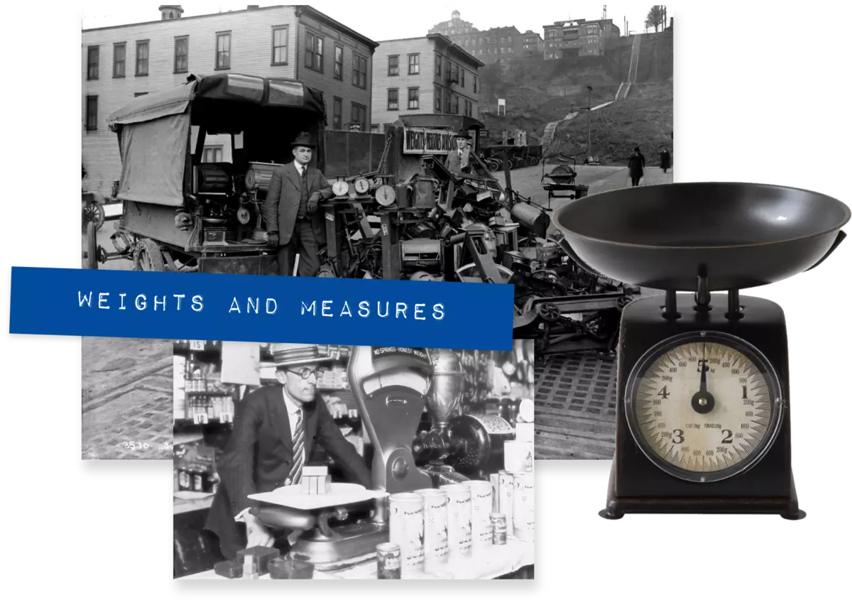 Three historical photos featuring different kinds of scales with a blue embossed label saying "Weights and measures."