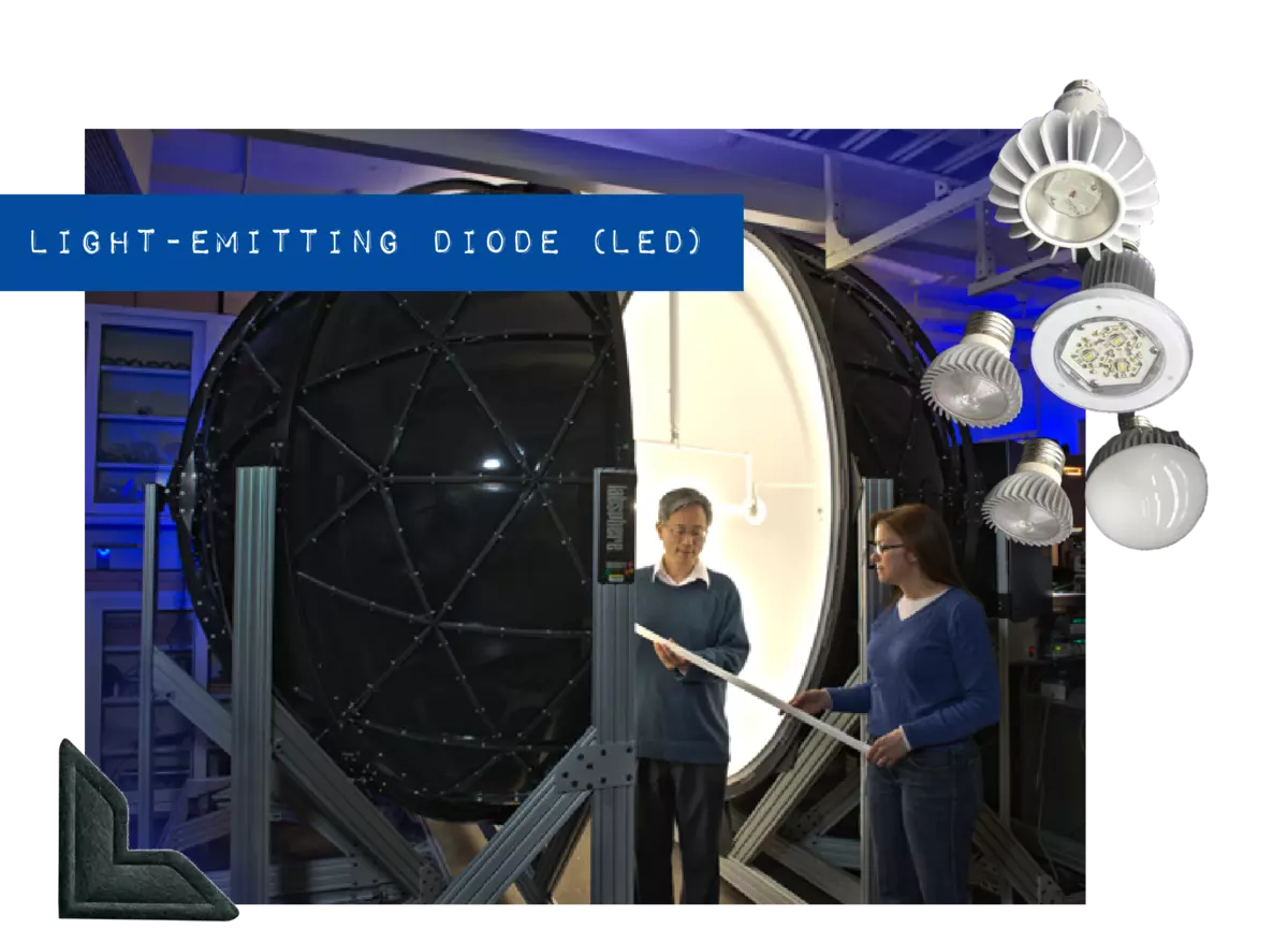 Photo of scientists studying a lighting strip has blue embossed label saying "Light-emitting diode (LED)"