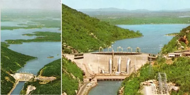 Side-by-side images show a concrete dam from farther away and closer up. The colors are faded like the photos are from the 1960s. 
