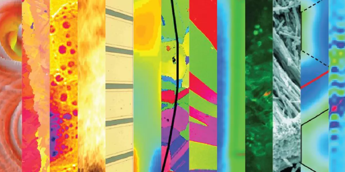 13 long and skinny vertical stripes with patterns from different Science as Art images going from red to yellow to green to blue