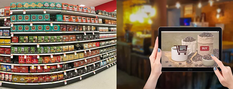 Two photos: grocery store shelves packed with coffee products; a tablet showing an online store for coffee. 