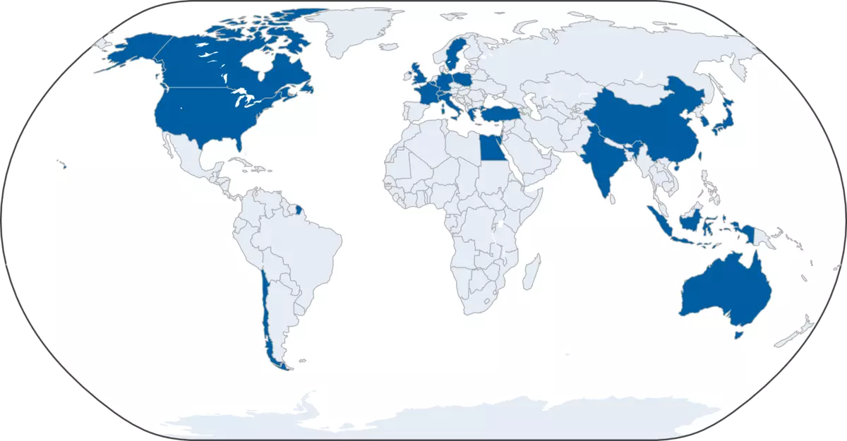 a map of the globe showing 27 countries highlighted