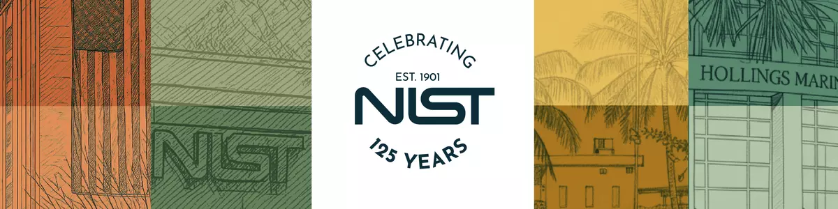 Color blocks with b&w sketches of NIST campuses. White bar in the middle. Reads  NIST Est. 1901 Celebrating 125 Years