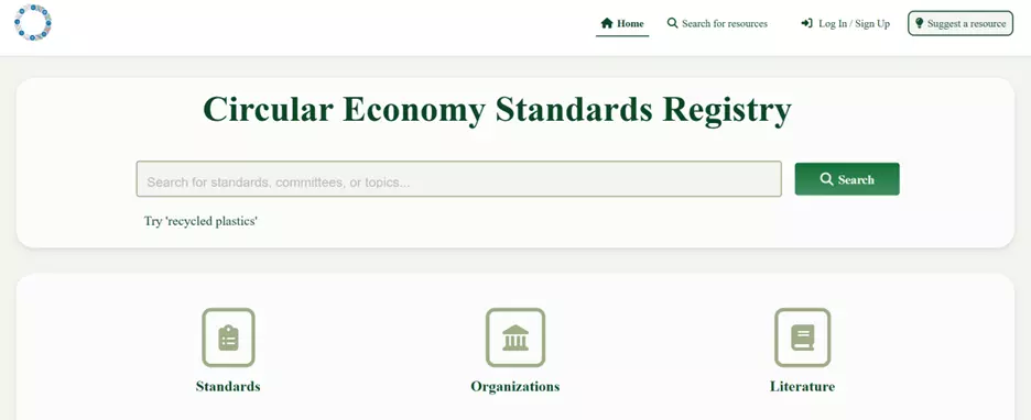 Screenshot of the Circular Economy Standards Registry home screen, showing the search bar and three icons for standards, organizations, and literature.