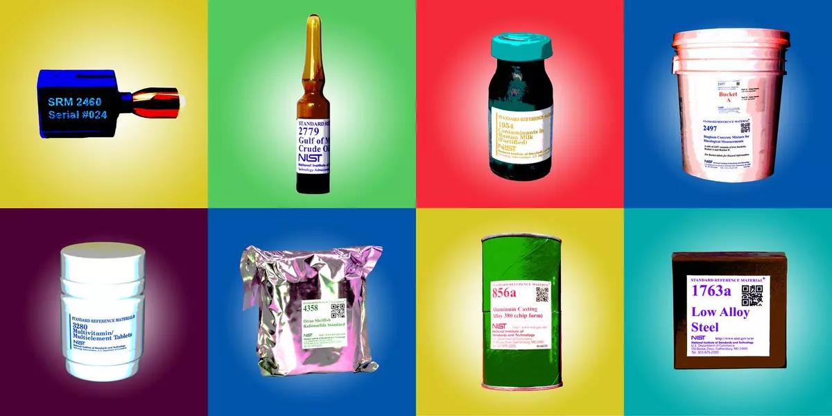 Images of standard bullet SRM, contaminants in human milk SRM, multivitamin SRM, ocean shellfish SRM, concrete SRM, aluminum alloy casting SRM, low alloy steel SRM.