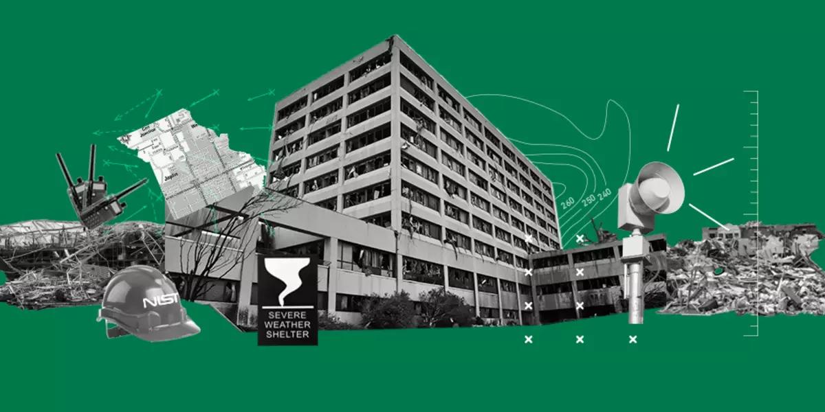 Illustration shows black and white photos of damaged building on green background.