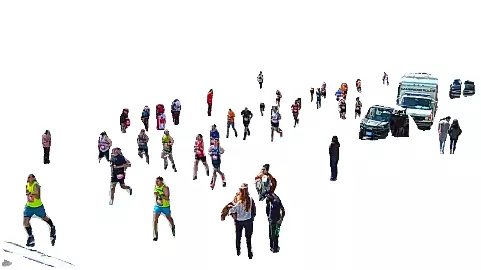 This image shows people running on a road with an overlay depicting video object recognition
