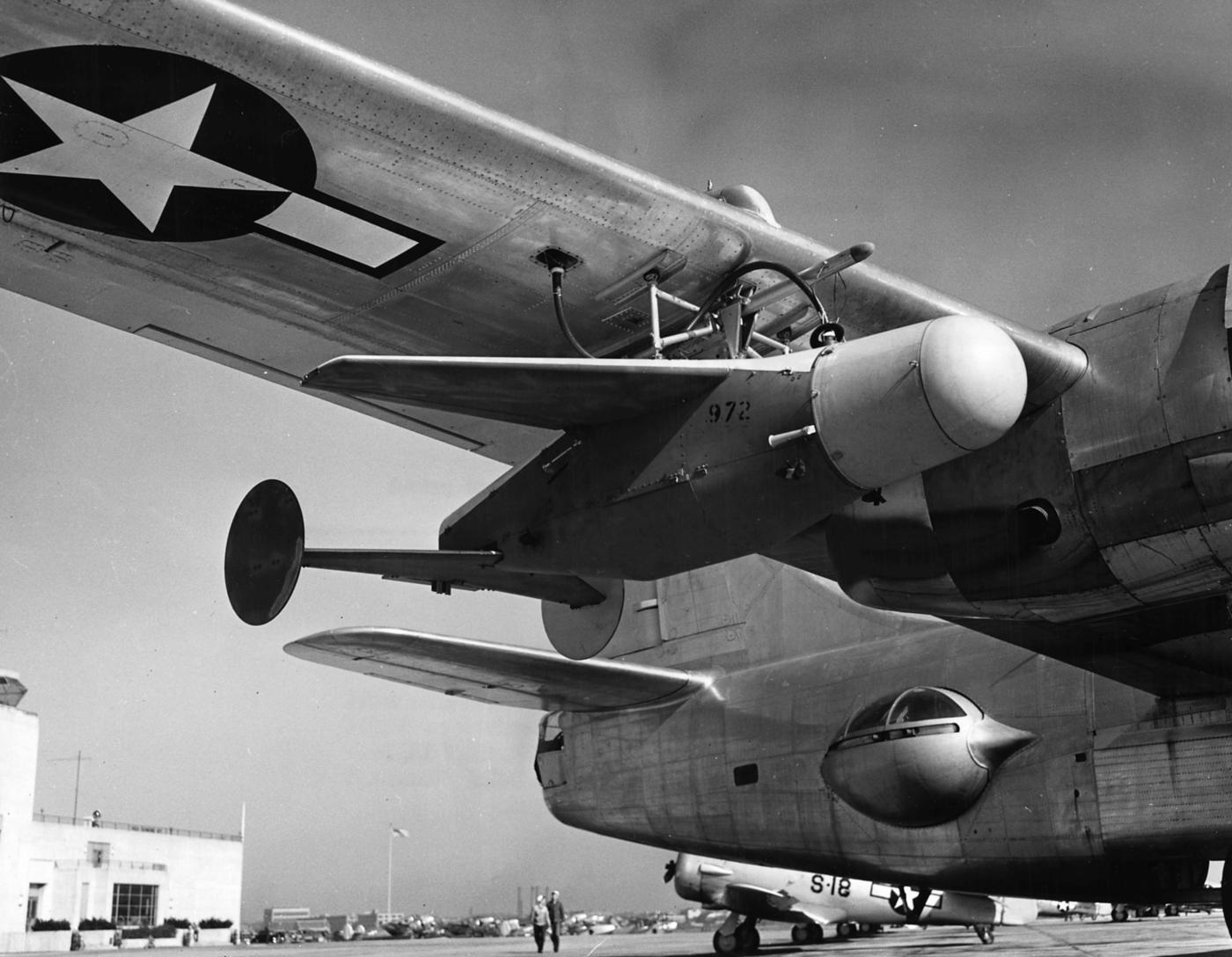 Photo of a Bat missile mounted underneath the wing of a U.S. Navy aircraft