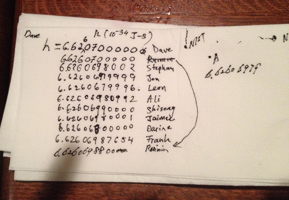 Image of a napkin that has written on it the names of researchers involved in the project and their guesses for the value of Planck's Constant