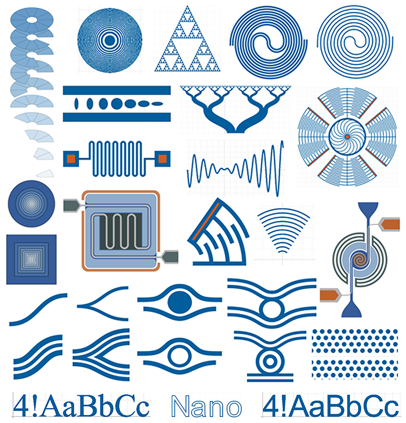 Illustrative subset of parameterized shapes available for nanoscale photonic, electronic, mechanic, fluidic, and other applications.