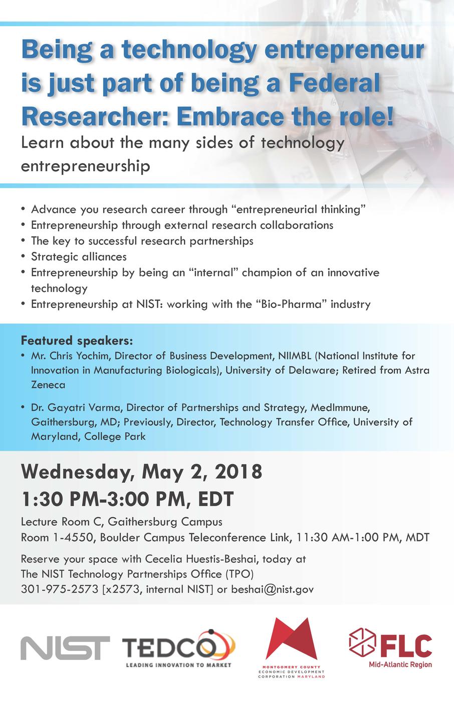 Image of seminar poster titled "Being a technology entrepreneur is just part of being a Federal Researcher: Embrace the role!"